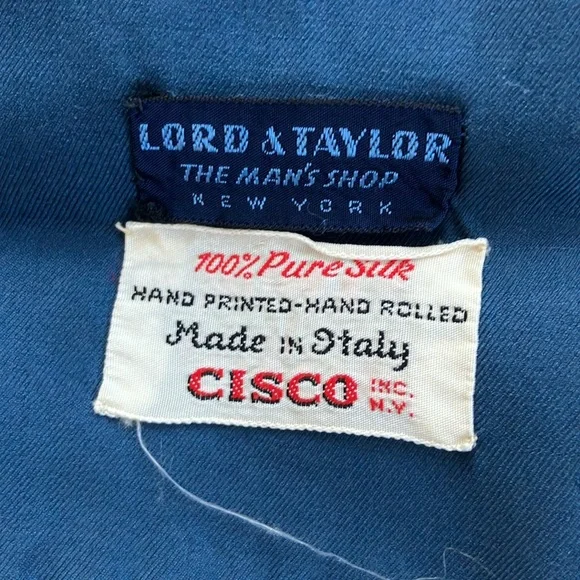 Lord & Taylor vintage silk mens neck scarf silk hand rolled blue geometric - Picture 3 of 6
